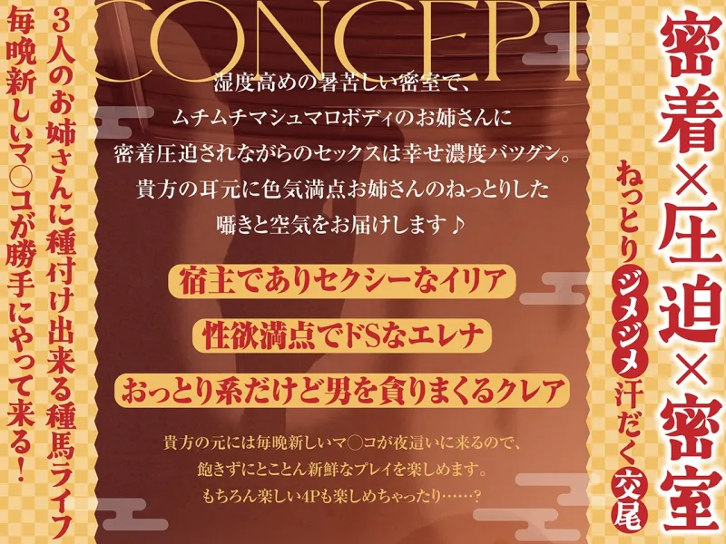 【圧迫密着汗だくムレムレ夜這い交尾】夜這いが当たり前の倫理観ぶっ飛び宿屋で、欲求不満の性豪お姉さん達に毎日夜這いされて限界搾精されるお話【ゾクゾク耳舐め吐息】