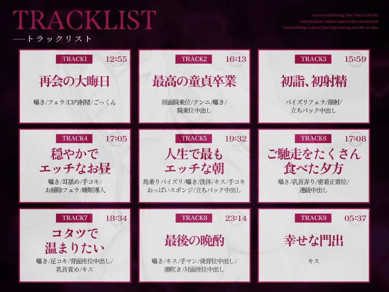 【2時間20分】爆乳熟女の叔母さんと正月の田舎でラブあま孕ませ性活～何もやることが無かったので馬鹿みたいにセックスし続けた～【バイノーラル/未亡人】