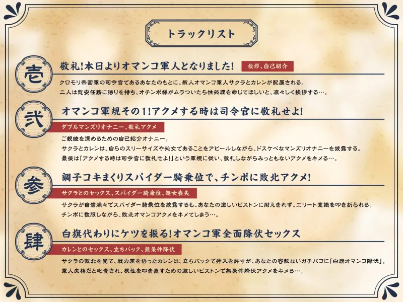 【たっぷり長編】敬礼！オマンコ軍人サクラとカレンの誇りある慰安任務活動♪【KU100】